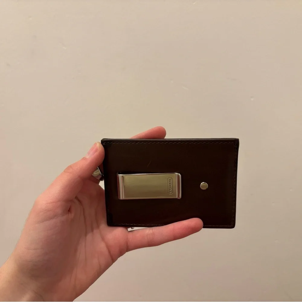 Coach Dark Brown Leather Money Clip with Silver Accent